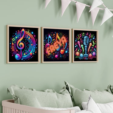 Set of Three Square Nursery Prints. Black background with bright neon style images with a musical note/microphone theme. One print is personalised with a name