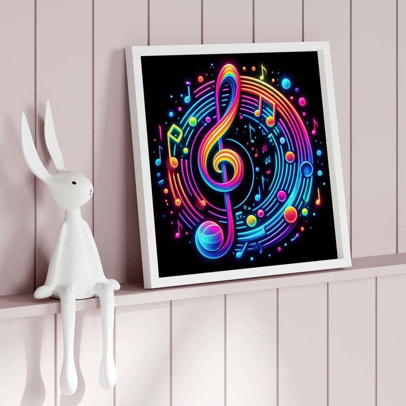 Set of Three Square Nursery Prints. Black background with bright neon style images with a musical note/microphone theme. One print is personalised with a name