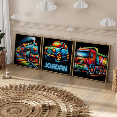 Three square nursery prints. Images show colourful, multicoloured truck, train and car against a black background, One print is personalised with childs name in a neon style font