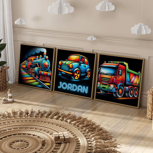 Three square nursery prints. Images show colourful, multicoloured truck, train and car against a black background, One print is personalised with childs name in a neon style font