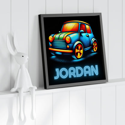 Three square nursery prints. Images show colourful, multicoloured truck, train and car against a black background, One print is personalised with childs name in a neon style font