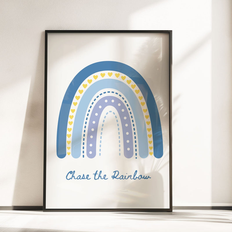 3 boho style nursery prints in shades of blue One print with a boho blue rainbow, one with a spotty black and white background, and childs initial, one with daisys and childs name