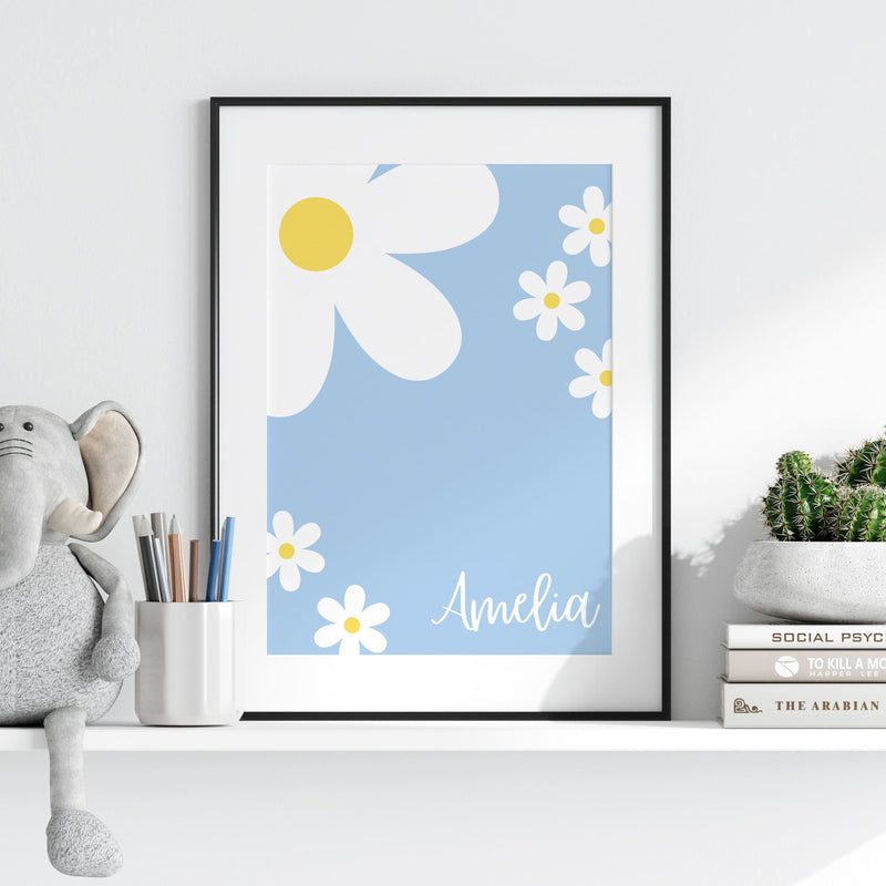 3 boho style nursery prints in shades of blue One print with a boho blue rainbow, one with a spotty black and white background, and childs initial, one with daisys and childs name