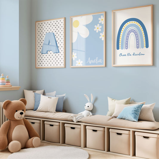 3 boho style nursery prints in shades of blue One print with a boho blue rainbow, one with a spotty black and white background, and childs initial, one with daisys and childs name