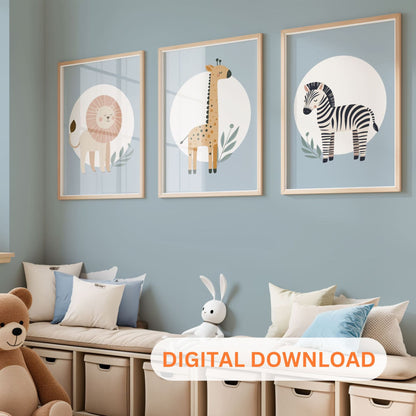 Printable Blue Minimalist Safari Nursery Wall Art - Instant Download