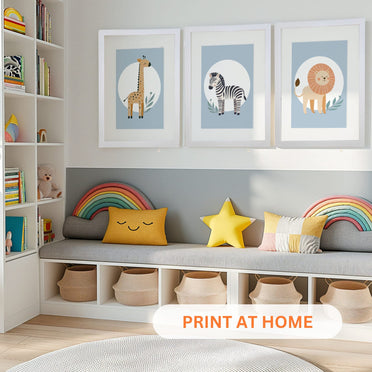 Printable Blue Minimalist Safari Nursery Wall Art - Instant Download