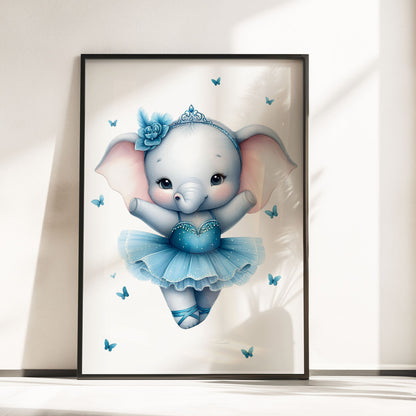 3 A4 Prints showing blue ballerina elephant, pink ballerina mouse, and the third print has a ppretty blue flower and butterfly background with initial and childs name