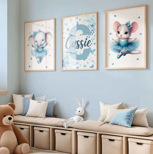 3 A4 Prints showing blue ballerina elephant, pink ballerina mouse, and the third print has a ppretty blue flower and butterfly background with initial and childs name
