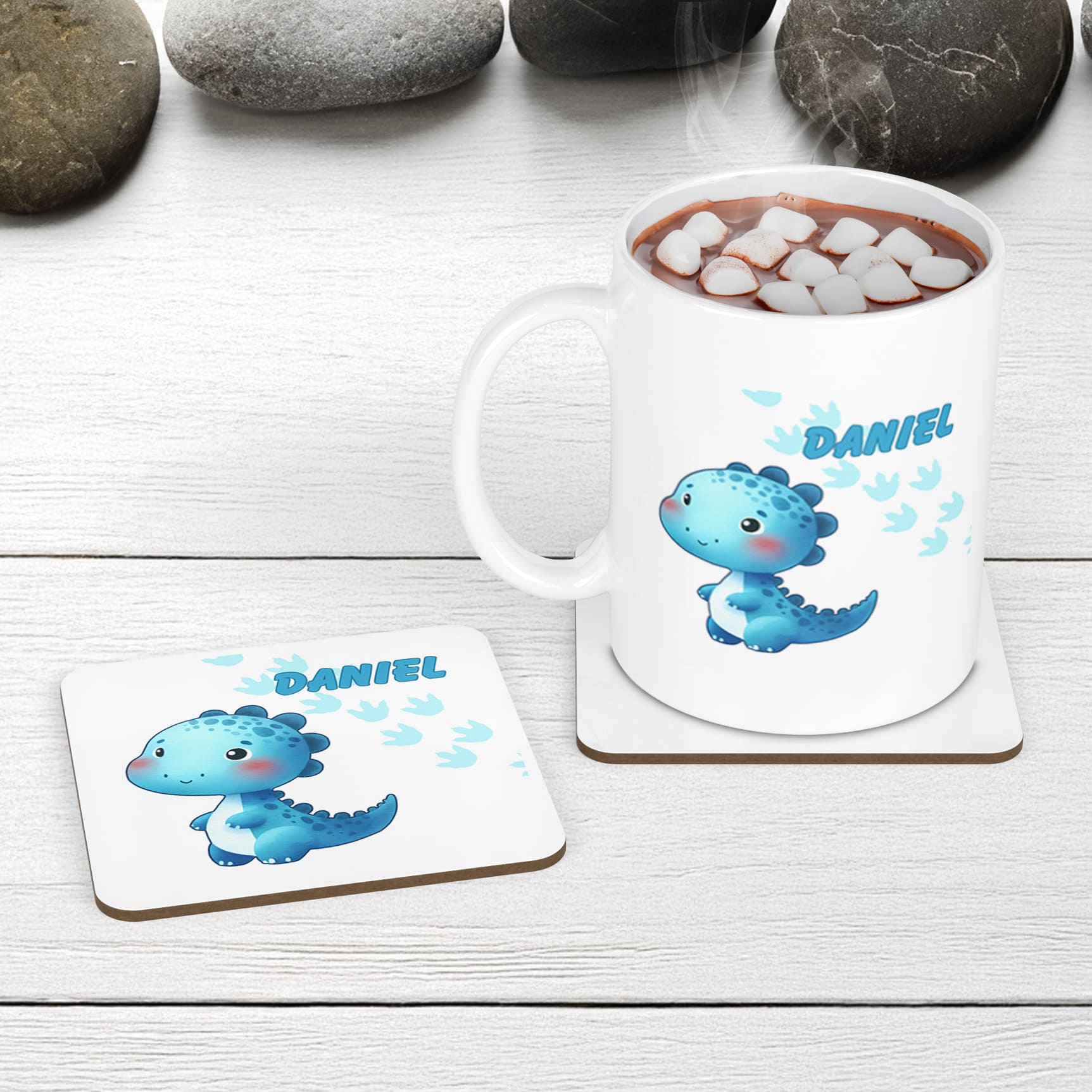 White Mug and Coaster Set with adorable blue dinosaur design. Personalised with Childs name