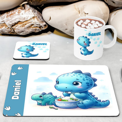White Placemat, Mug and Coaster Set with adorable blue dinosaur design. Personalised with Childs name