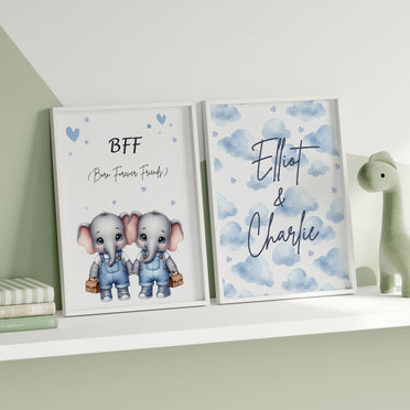 Two A4 Prints. One showing 2 cartoon elephants dressed in blue dungarees, one with a bow, one without and reads "BFF Born Forever Friends". The other print has blue watercolour style clouds, with children's name in black writing across it
