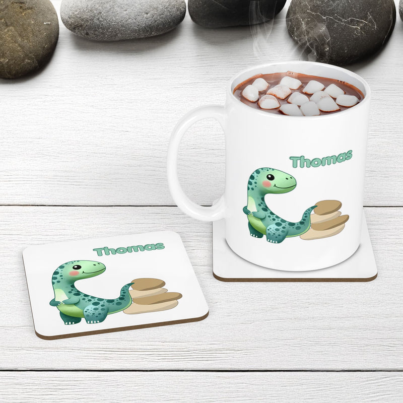 White Mug and Coaster Set with cute turquoise dinosaur design. Personalised with Childs name