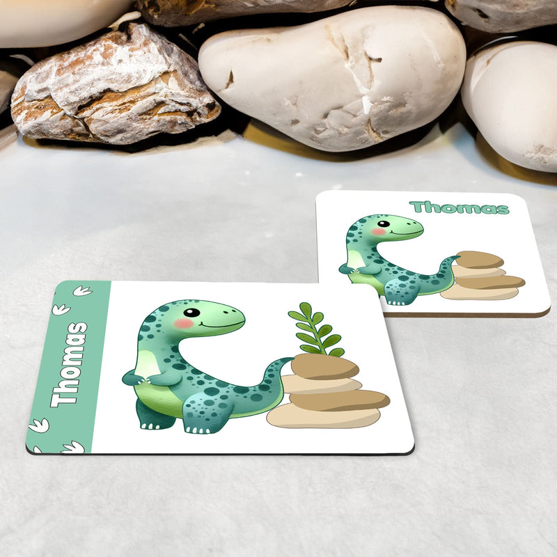 White Placemat and Coaster Set with cute turquoise dinosaur design. Personalised with Childs name