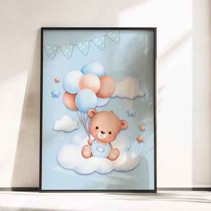 3 Nursery Prints in Shades of Baby Blue - Featuring watercolour style teddy bears, balloons and clouds. One print features childs name and initial over floating clouds background