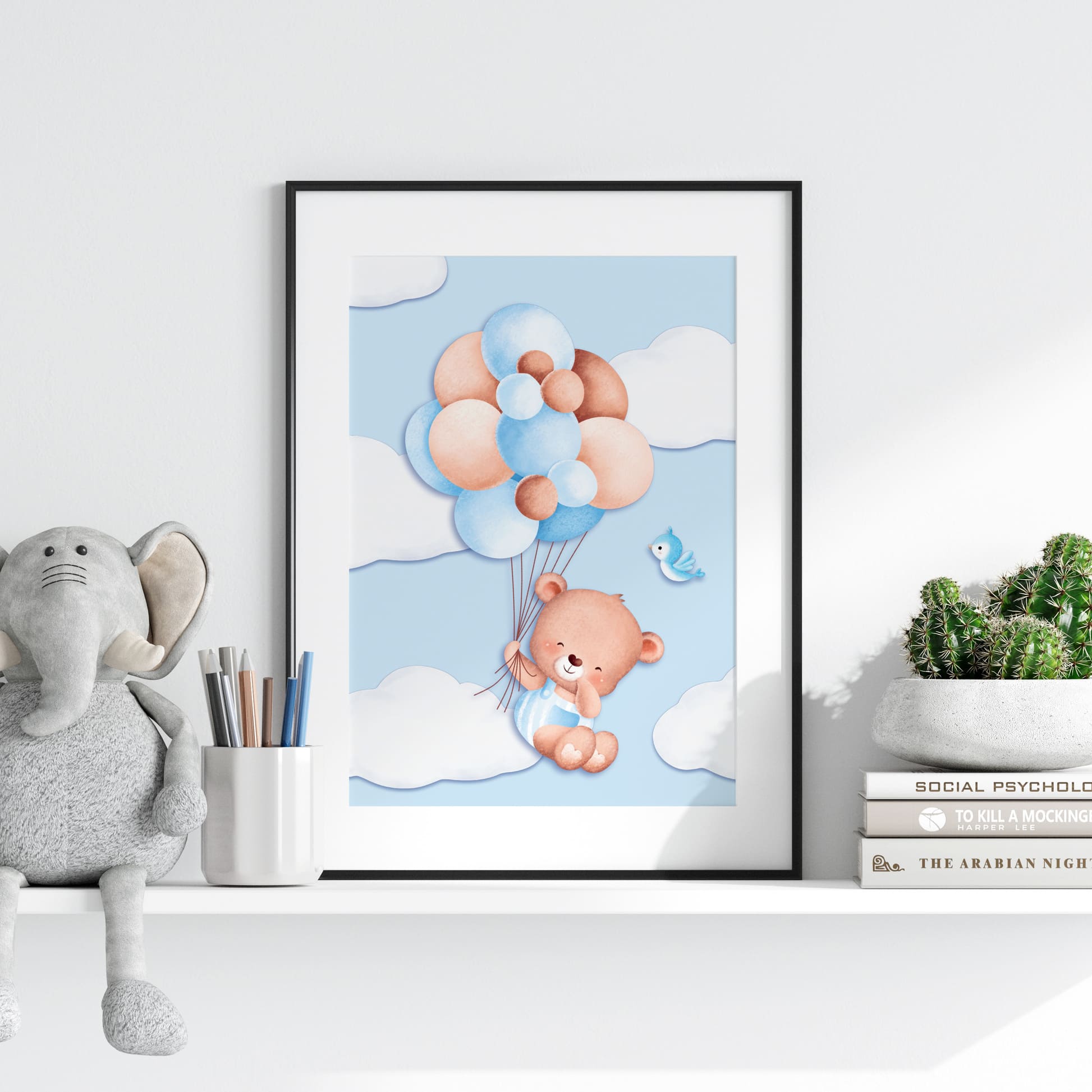 3 Nursery Prints in Shades of Baby Blue - Featuring watercolour style teddy bears, balloons and clouds. One print features childs name and initial over floating clouds background