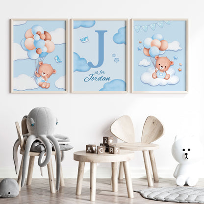 3 Nursery Prints in Shades of Baby Blue - Featuring watercolour style teddy bears, balloons and clouds. One print features childs name and initial over floating clouds background