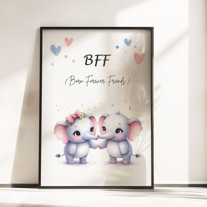 Two A4 Prints. One showing 2 cartoon twin elephants and reads "BFF Born Forever Friends". The other print has pink watercolour splatters, with children's name in black writing across it