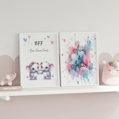 Two A4 Prints. One showing 2 cartoon twin elephants and reads "BFF Born Forever Friends". The other print has pink watercolour splatters, with children's name in black writing across it