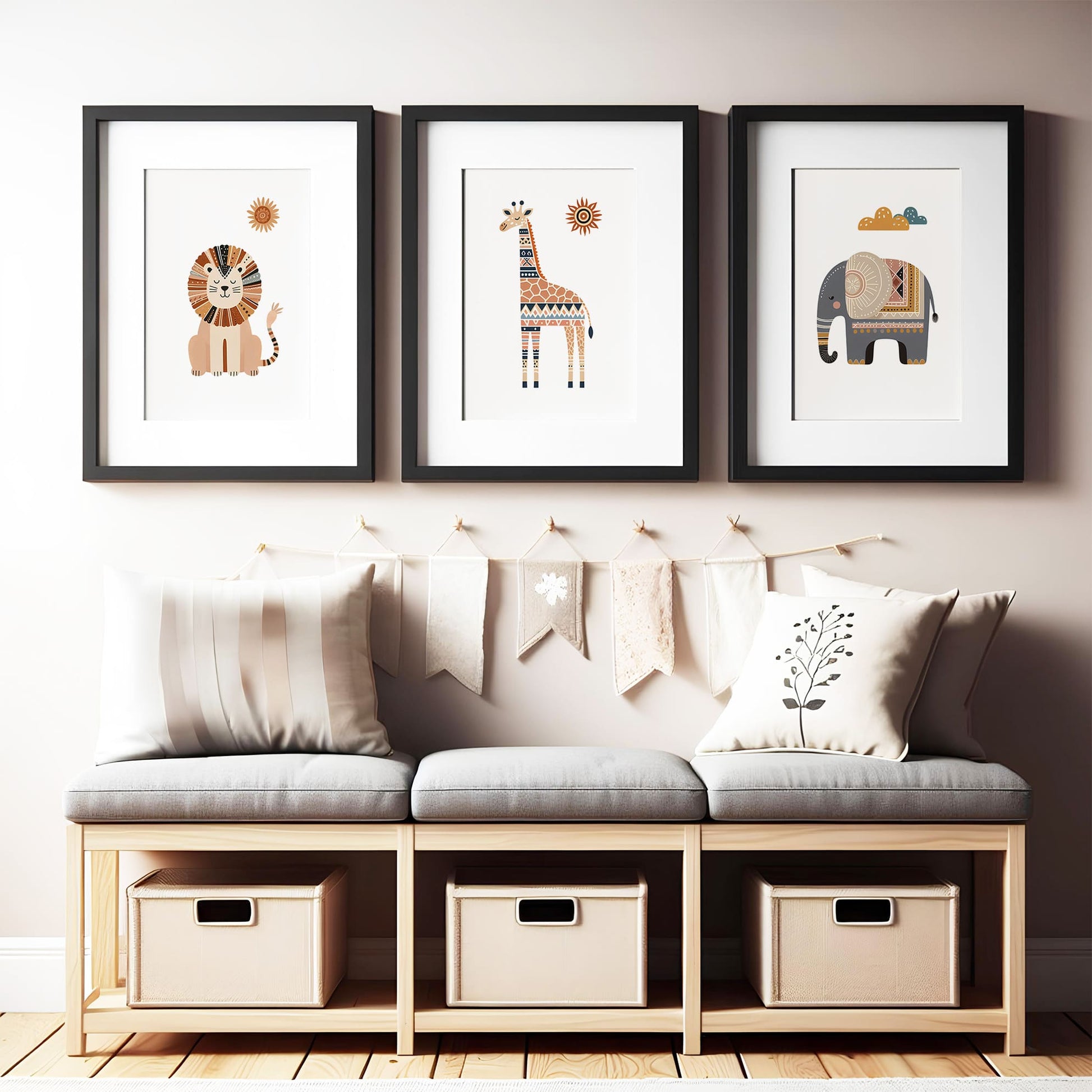 Set of three A4 prints featuring a lion, giraffe, and elephant. The illustrations are adorned in rich browns, warm yellows, and subtle grays, exuding a charming boho-inspired design. Each animal is intricately patterned, adding depth and character to the artwork.