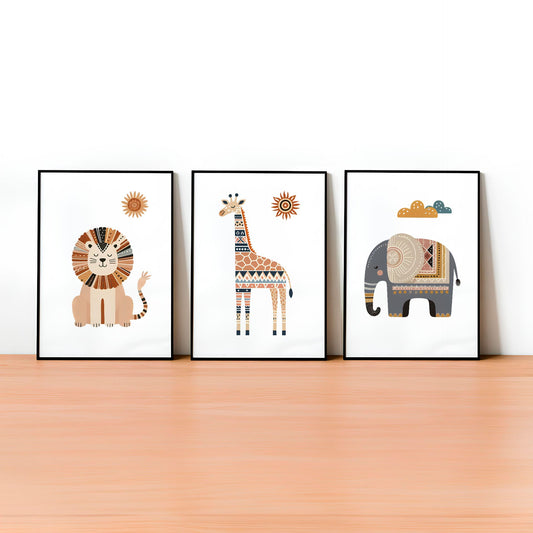 Set of three A4 prints featuring a lion, giraffe, and elephant. The illustrations are adorned in rich browns, warm yellows, and subtle grays, exuding a charming boho-inspired design. Each animal is intricately patterned, adding depth and character to the artwork.