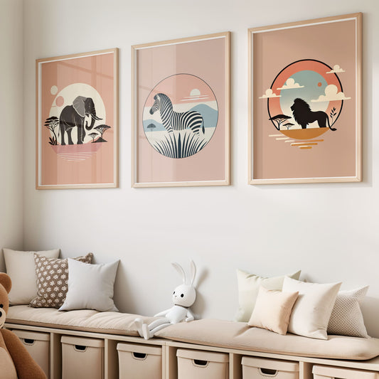 set of 3 features elegant safari animal silhouettes, framed by gentle pastels and subtle Art Deco-inspired shapes. The harmonious blend of warm hues, soft gradients, and delicate geometric details creates a serene yet stylish touch, perfect for a chic and calming nursery. 