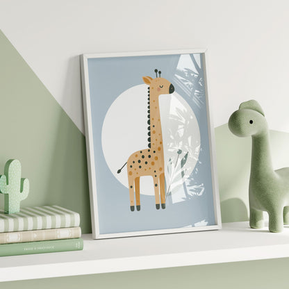 A4 Nursery Print. Light blue background with a white circle, overlaid with boho style giraffe. Minimalist style