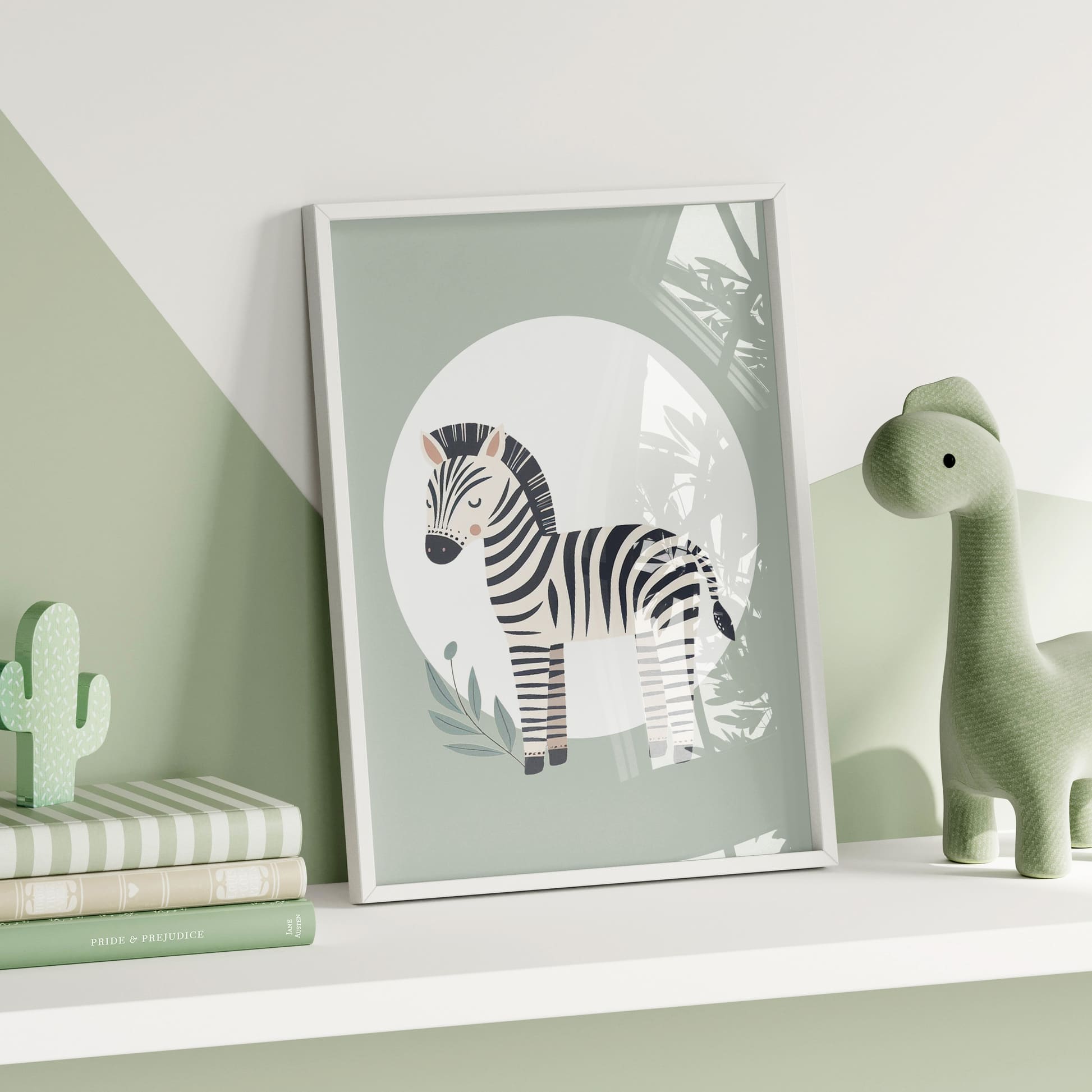 A4 Nursery Print. Light green background with a white circle, overlaid with boho style zebra. Minimalist style