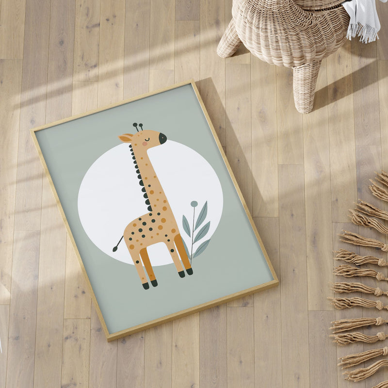 Set of three A4 prints featuring minimalist illustrations in muted tones. Each print depicts a different animal: a lion, a zebra, and a giraffe. The background is sage green with a white circle on which the animal is overlaid.