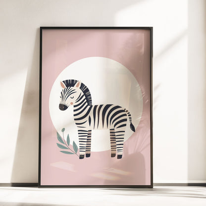 A4 Nursery Print. Light pink background with a white circle, overlaid with boho style zebra. Minimalist style