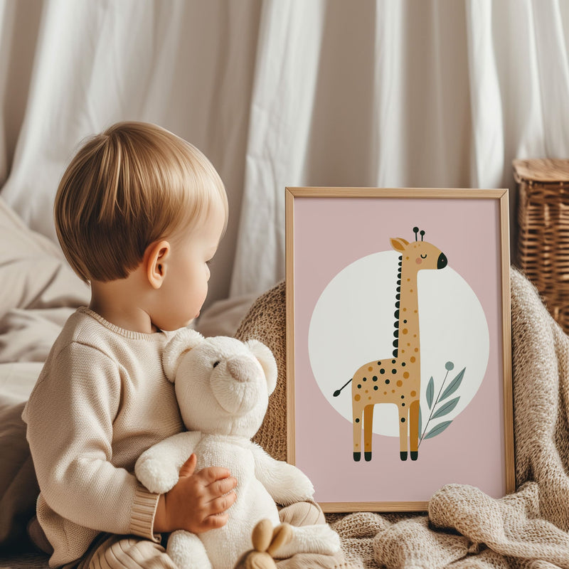 Set of three A4 prints featuring minimalist illustrations in muted tones. Each print depicts a different animal: a lion, a zebra, and a giraffe. The background is dusty pink with a white circle on which the animal is overlaid.