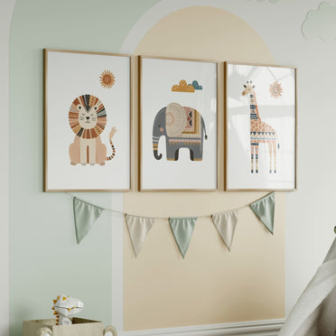 Set of three A4 prints featuring a lion, giraffe, and elephant. The illustrations are adorned in rich browns, warm yellows, and subtle grays, exuding a charming boho-inspired design. Each animal is intricately patterned, adding depth and character to the artwork.