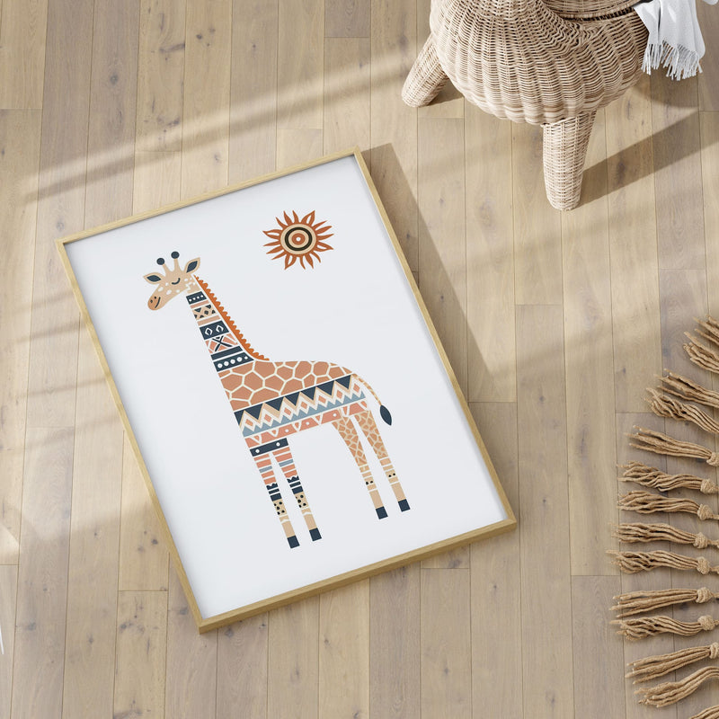 Set of three A4 prints featuring a lion, giraffe, and elephant. The illustrations are adorned in rich browns, warm yellows, and subtle grays, exuding a charming boho-inspired design. Each animal is intricately patterned, adding depth and character to the artwork.