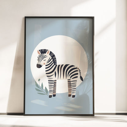 Set of three A4 prints featuring minimalist illustrations in muted tones. Each print depicts a different animal: a lion sitting on a Sage Green and white background, a giraffe sitting on a dusty pink and white background, a zebra on a pale blue and white background.