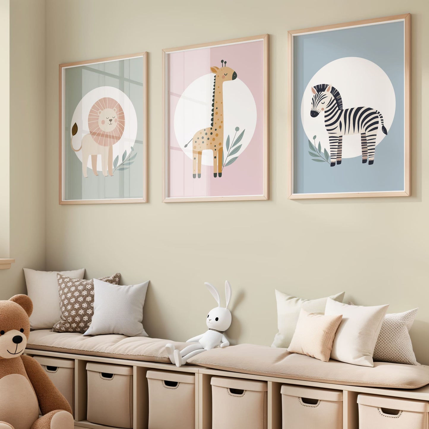 Set of three A4 prints featuring minimalist illustrations in muted tones. Each print depicts a different animal: a lion sitting on a Sage Green and white background, a giraffe sitting on a dusty pink and white background, a zebra on a pale blue and white background.