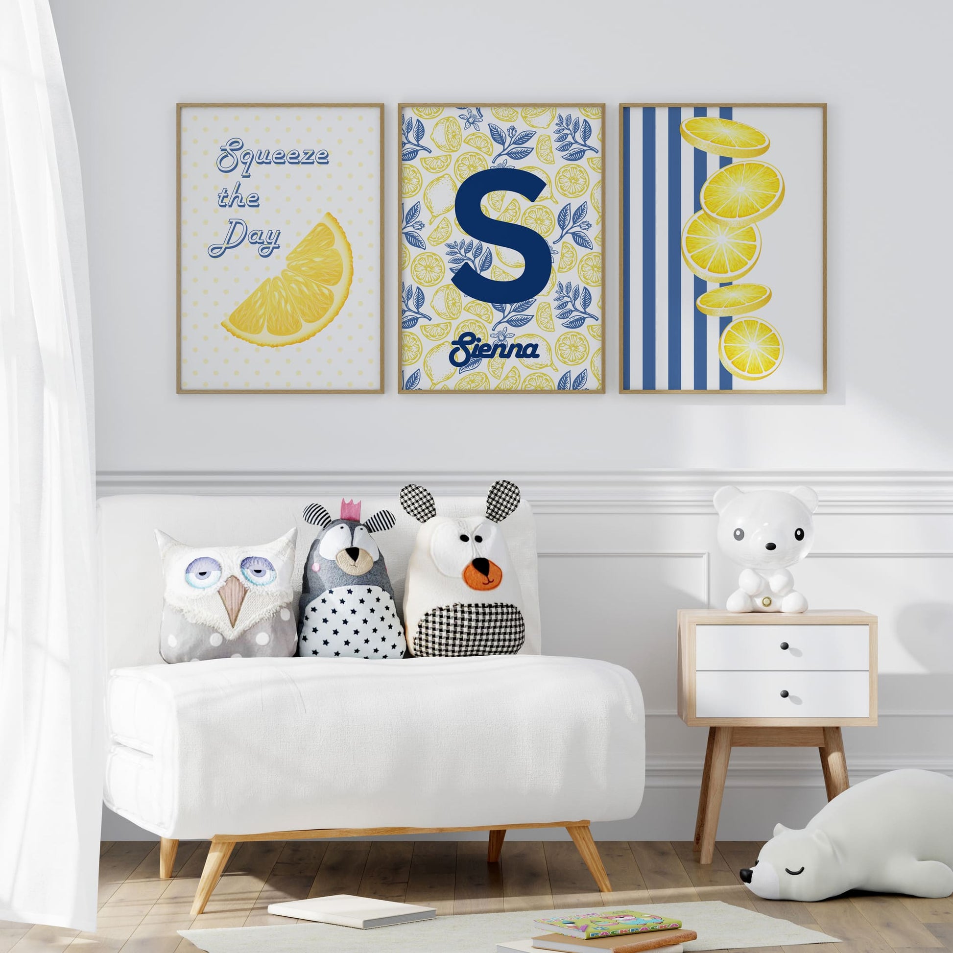 This beautifully modern set of 3 features:Line drawing of lemons and leaves in yellow and royal blue

Blue-striped background with repeating lemon illustrations

Personalised print with lemon, pale green stripes, and child’s name 