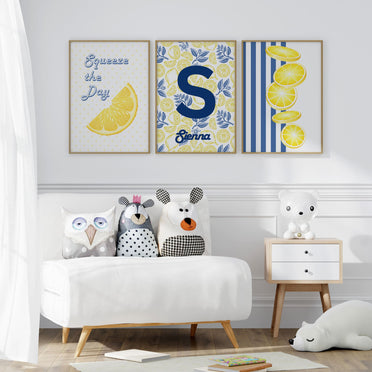 This beautifully modern set of 3 features:Line drawing of lemons and leaves in yellow and royal blue

Blue-striped background with repeating lemon illustrations

Personalised print with lemon, pale green stripes, and child’s name 