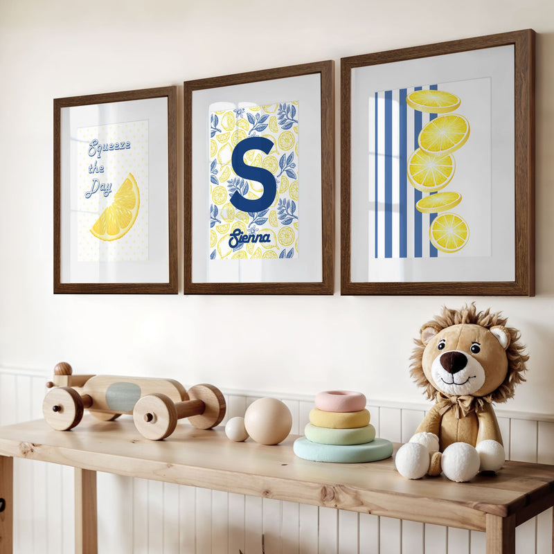Personalised Lemon & Blue Nursery Print Set | Nursery Wall Art Set of 3