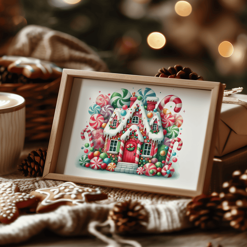 Two A4 Childrens Christmas Personalsied Prints. One with a bright, colourfully decorated Gingerbread house with candycanes and lollipops. One with a vibrant candy cane design with a wooden sign personalised with childs name