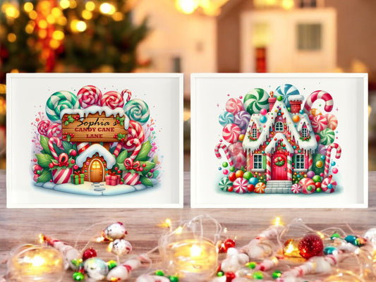 Two A4 Childrens Christmas Personalsied Prints. One with a bright, colourfully decorated Gingerbread house with candycanes and lollipops. One with a vibrant candy cane design with a wooden sign personalised with childs name