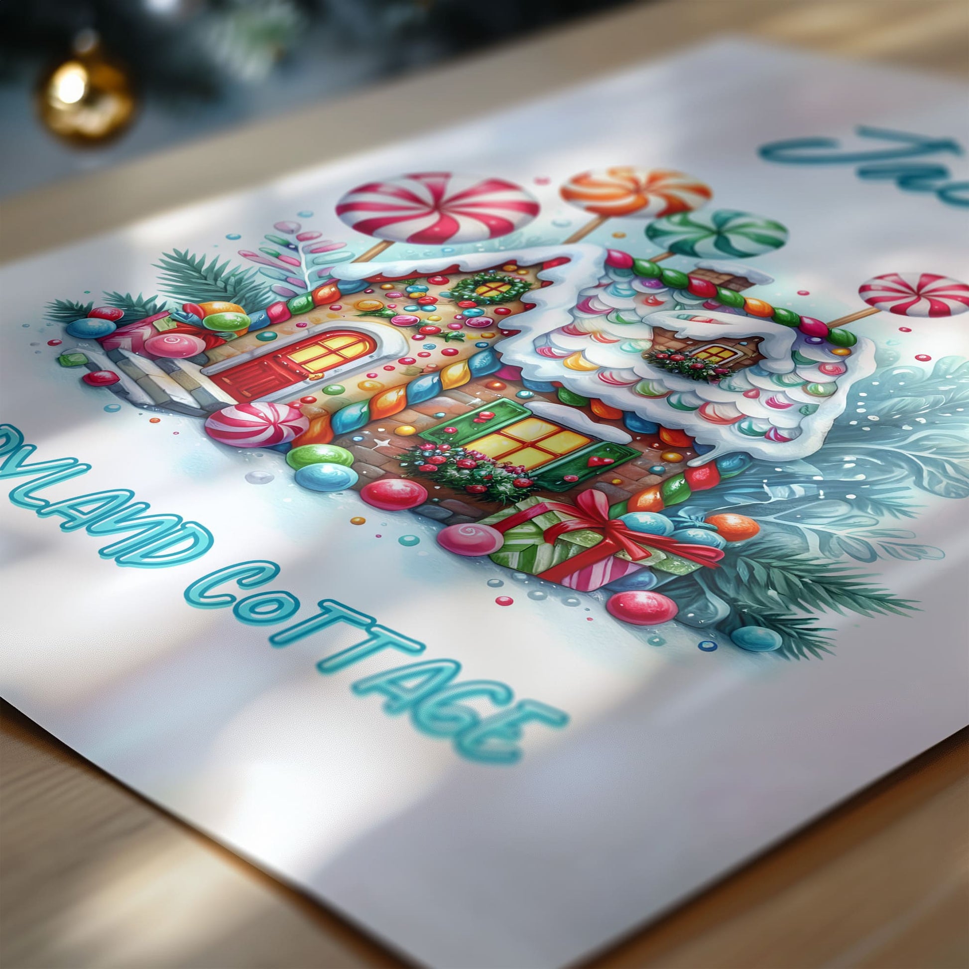 Childrens Christmas Wall Art. A colourful vibrant gingerbread house decorated in bright sweet candy. Personalised with childs name Candyland Cottage