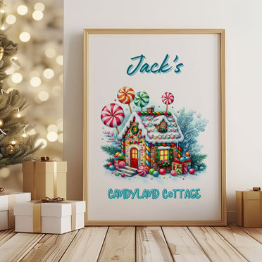 Childrens Christmas Wall Art. A colourful vibrant gingerbread house decorated in bright sweet candy. Personalised with childs name Candyland Cottage