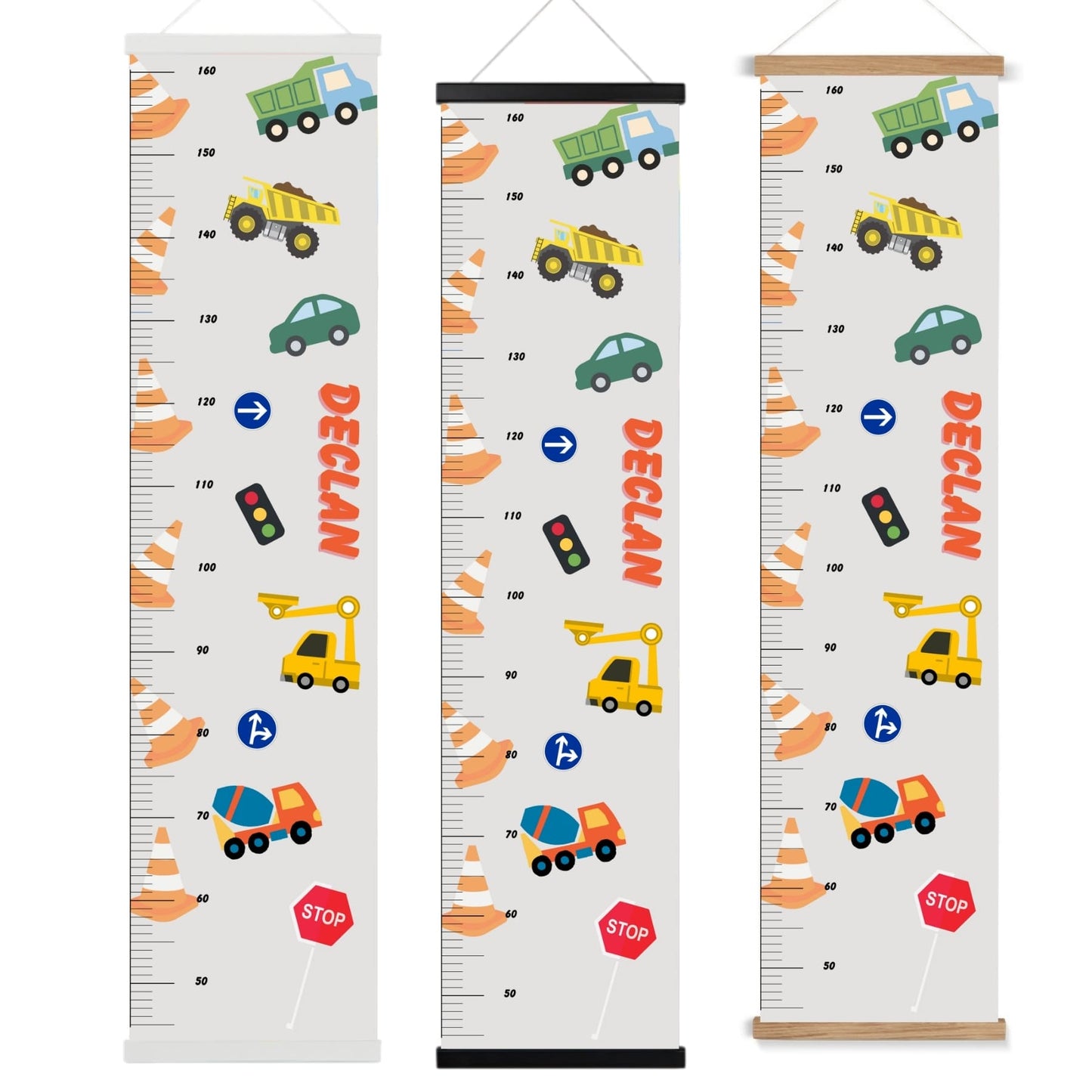 Personalised childs height hart in a neutral colour with cars, trucks, traffic cones and signs. Available on a black, white or natural hanger