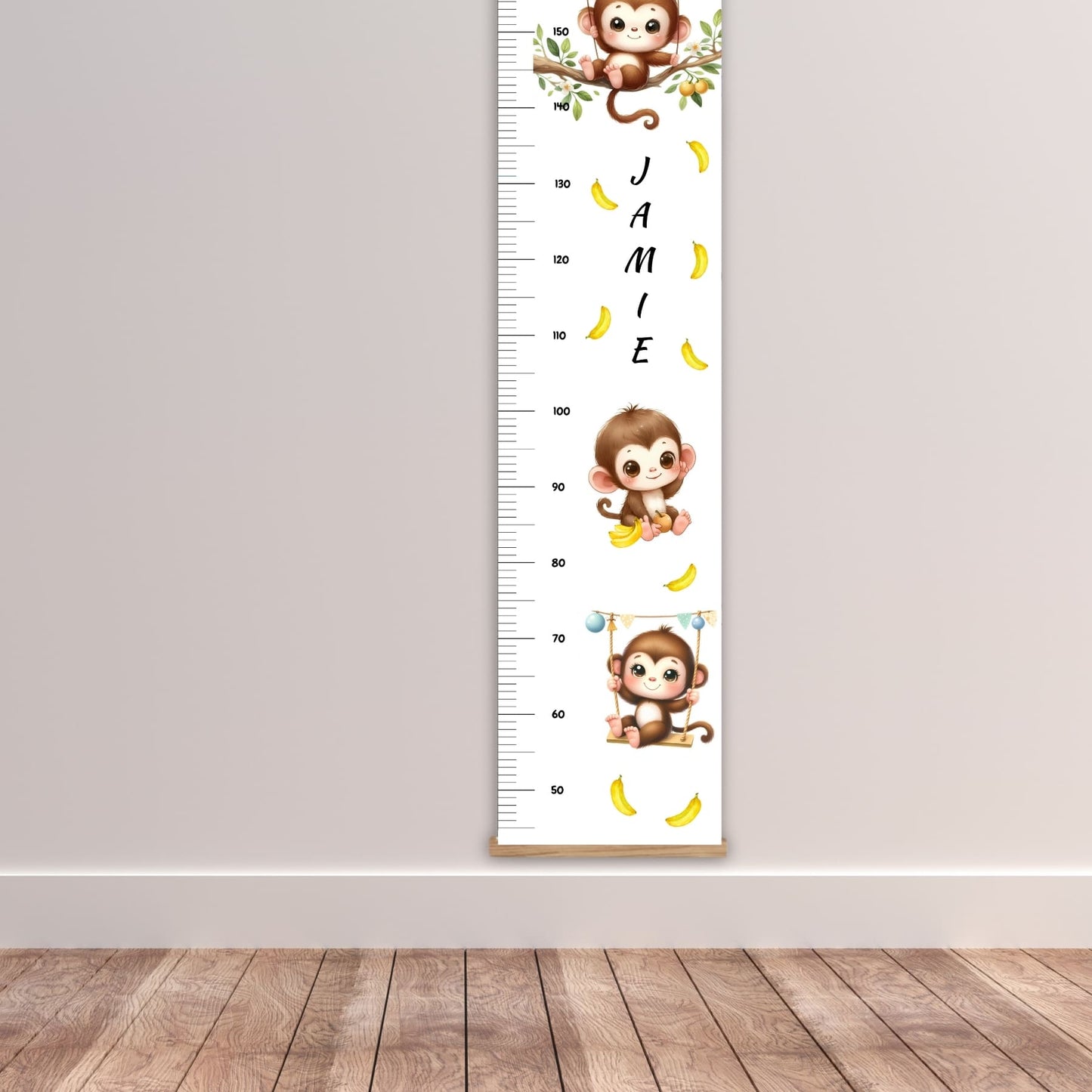 Childs height chart, cheeky monkey and banana design on a white background, personalised with childs name