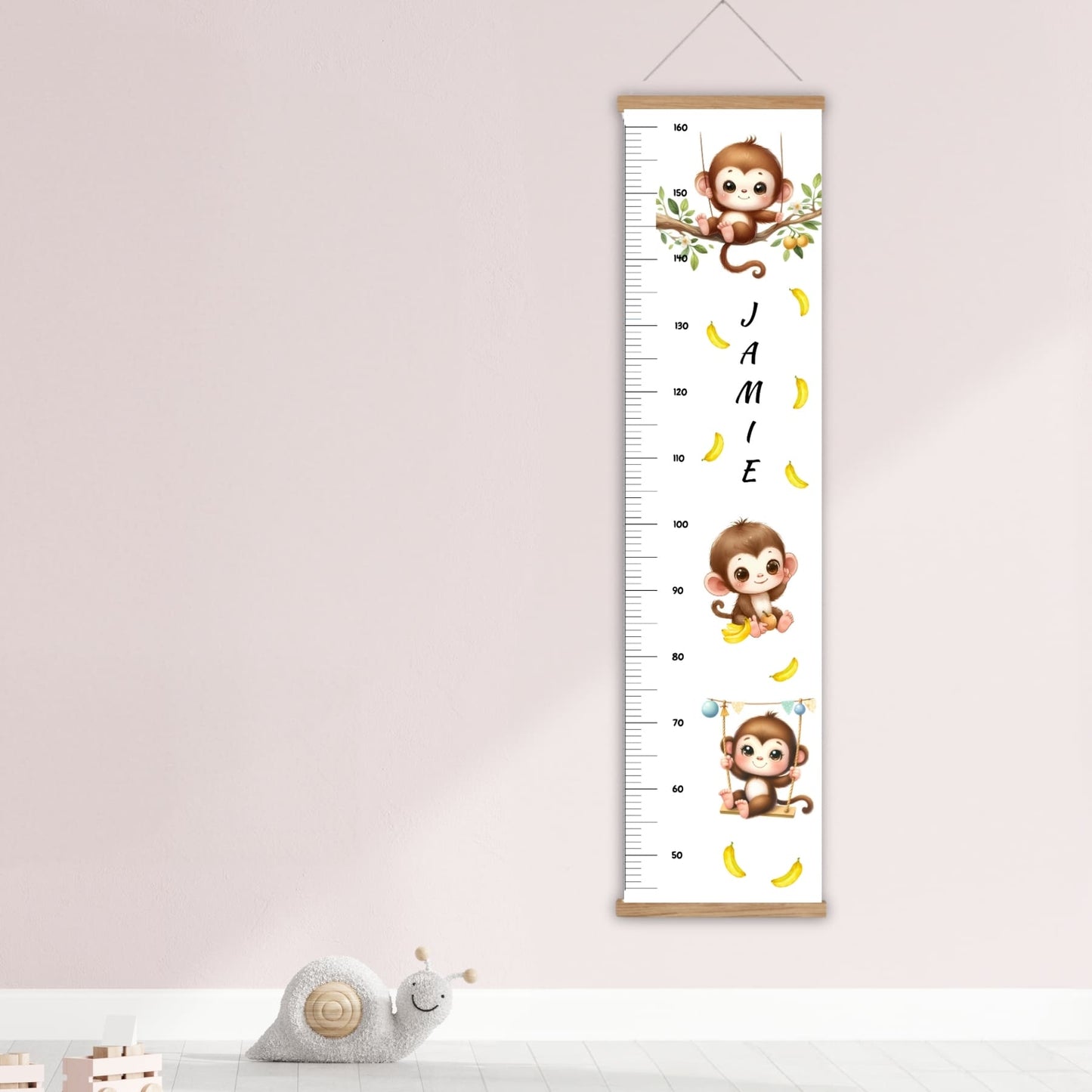 Childs height chart, cheeky monkey and banana design on a white background, personalised with childs name