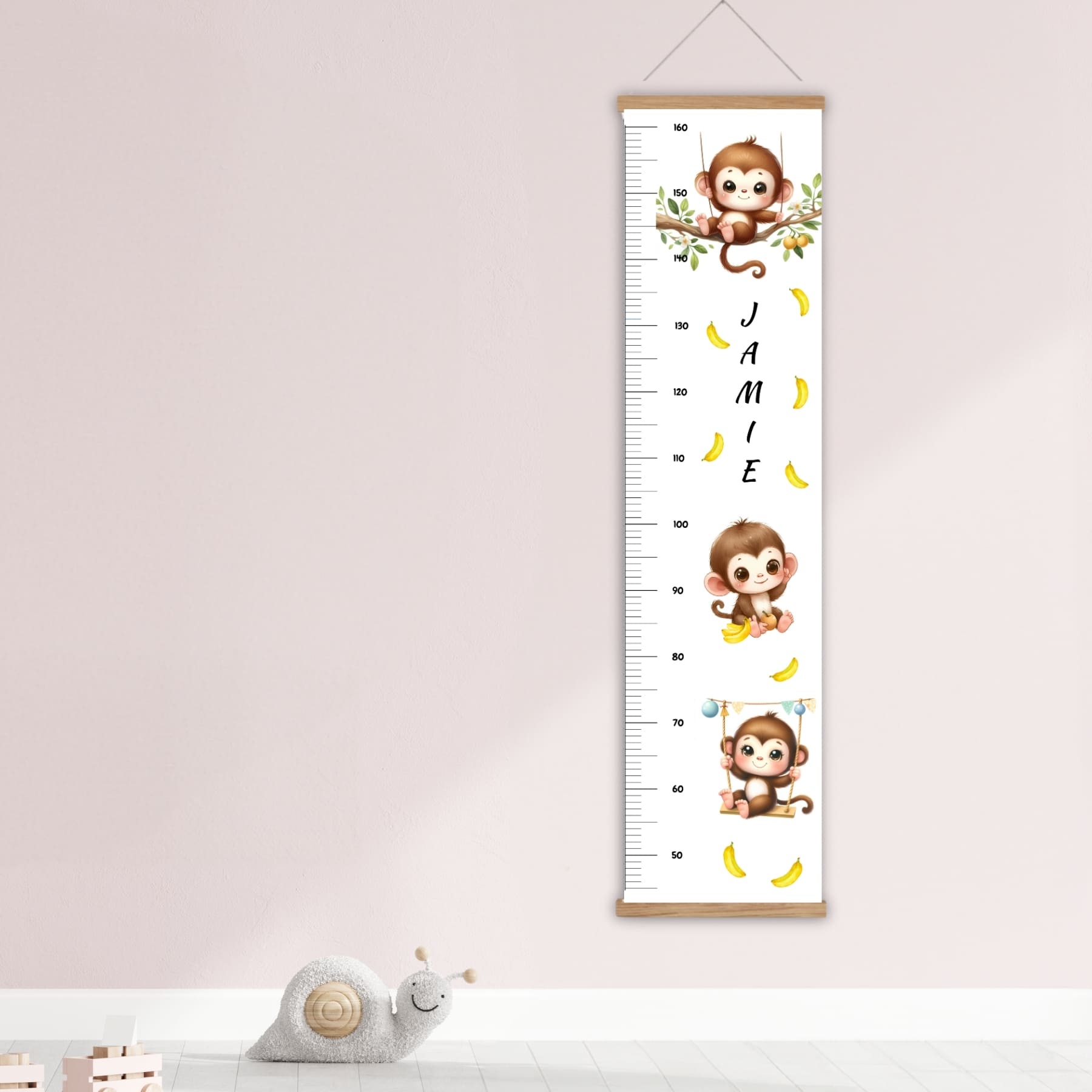 Childs height chart, cheeky monkey and banana design on a white background, personalised with childs name