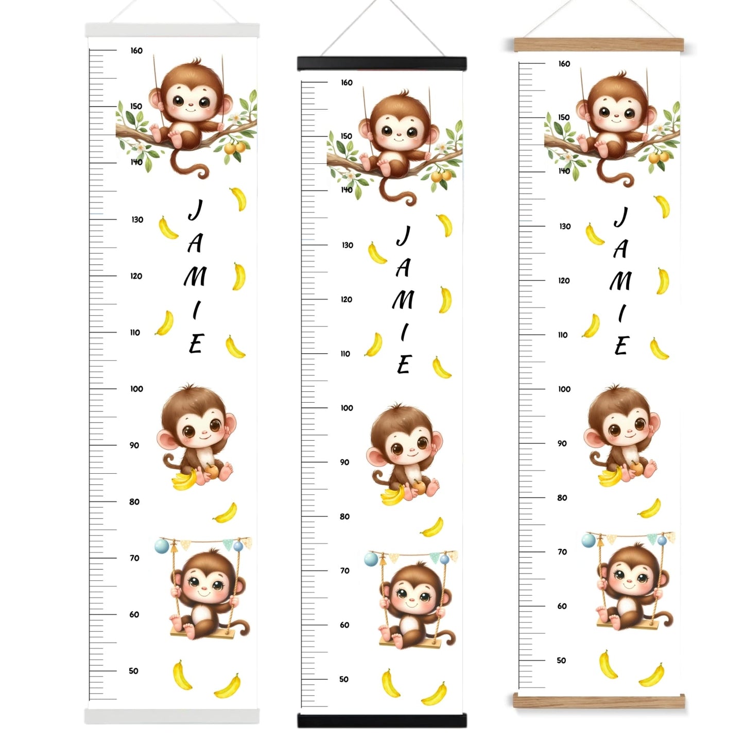 Childs height chart, cheeky monkey and banana design on a white background, personalised with childs name