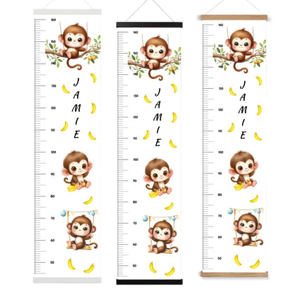 Childs height chart, cheeky monkey and banana design on a white background, personalised with childs name