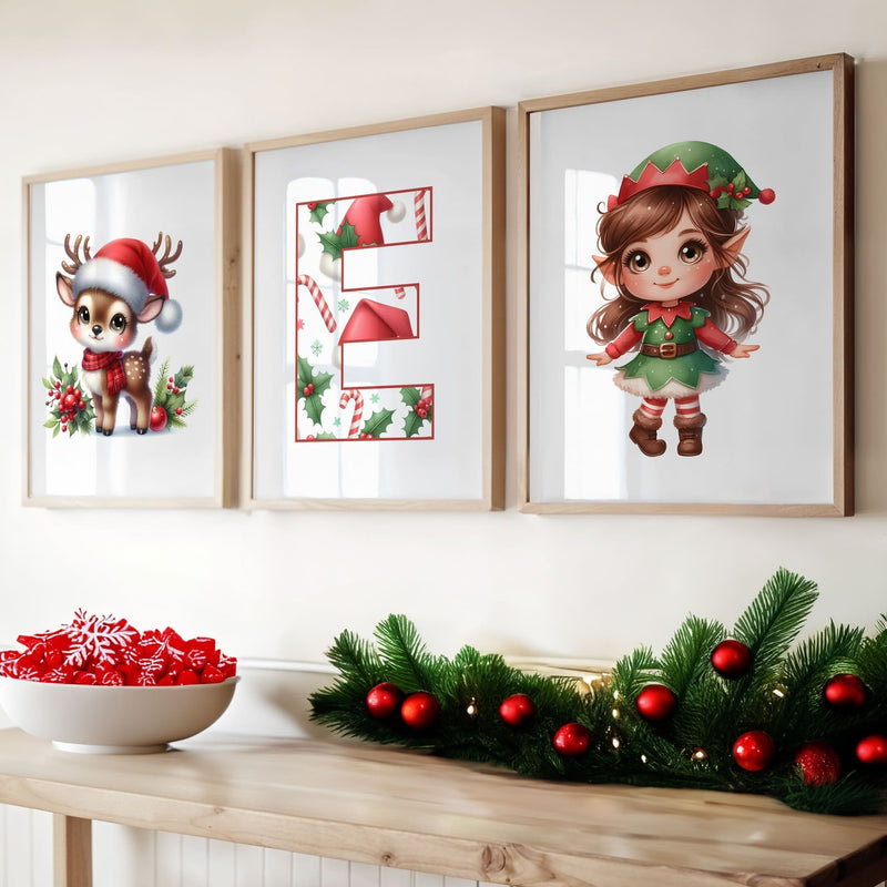Set of 3 childrens christmas prints featuring a dark haired girl elf, reindeer and christmas patterned initial letter