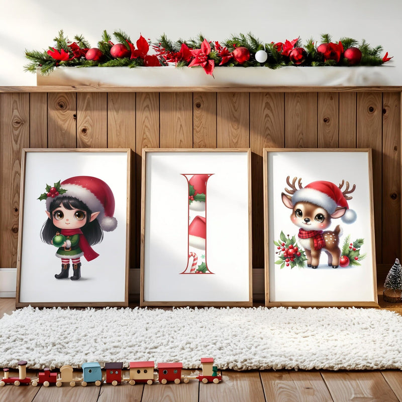 Three Christmas Themes Childrens prints - one black haired girl dressed as an elf, a cute reindeer, and a patterned initial letter