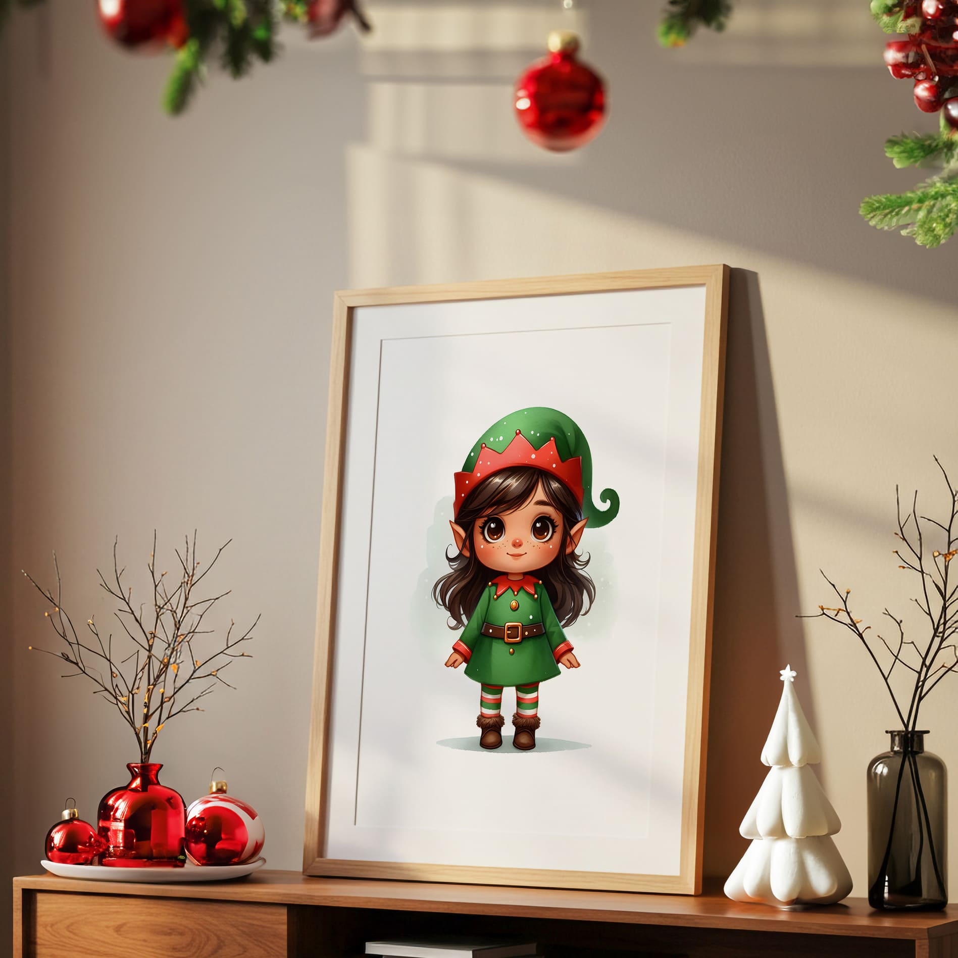 Set of 3 childrens christmas prints featuring a dark haired girl elf, reindeer and christmas patterned initial letter